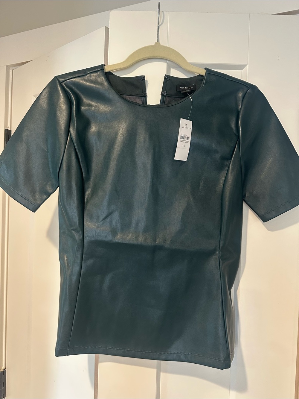 Ann Taylor Teal Faux Leather Short Sleeve Blouse